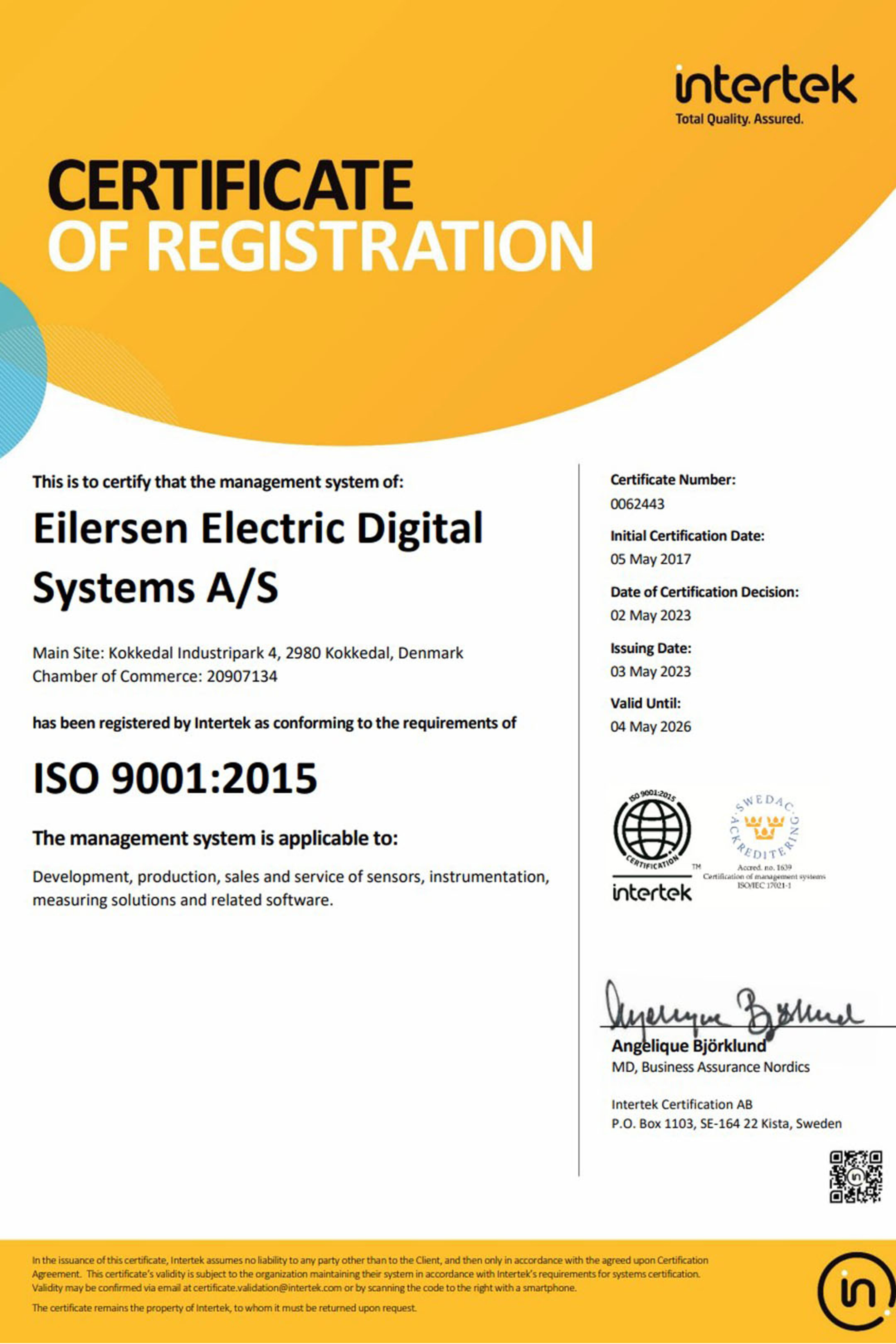 Eilersen Electric A/S ISO 9001:2015 certificate
